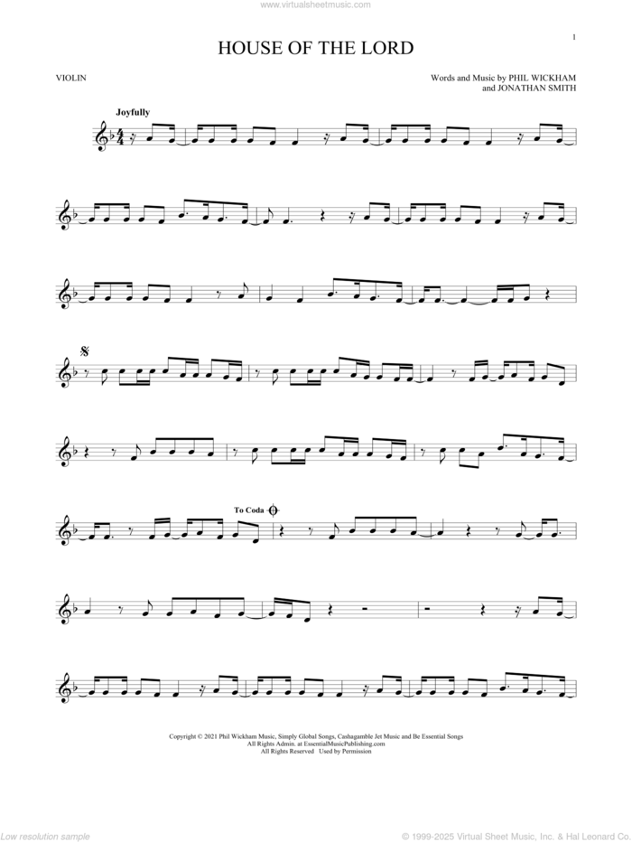 House Of The Lord sheet music for violin solo by Phil Wickham and Jonathan Smith, intermediate skill level