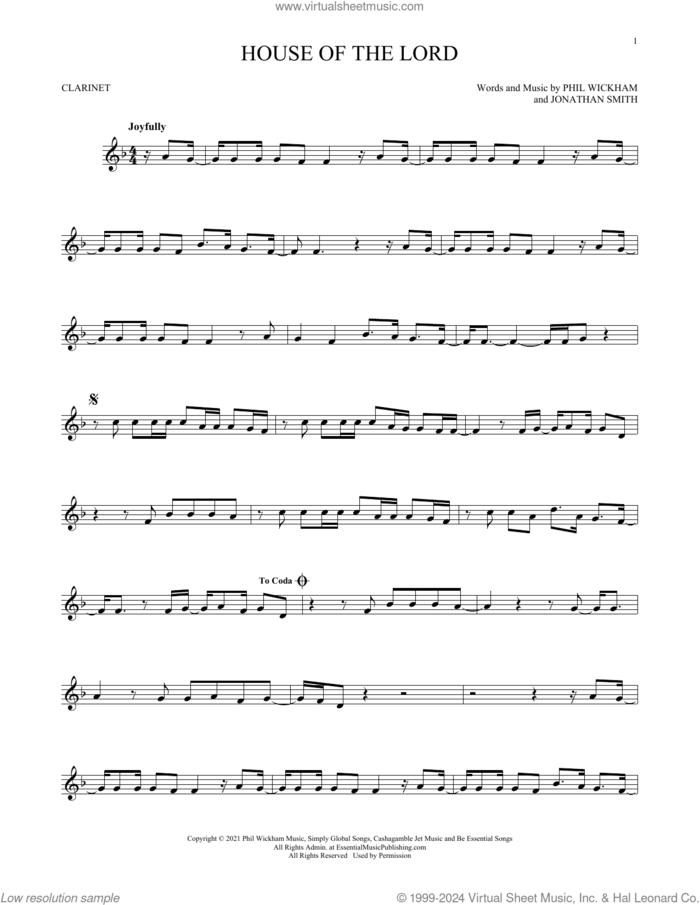 House Of The Lord sheet music for clarinet solo by Phil Wickham and Jonathan Smith, intermediate skill level