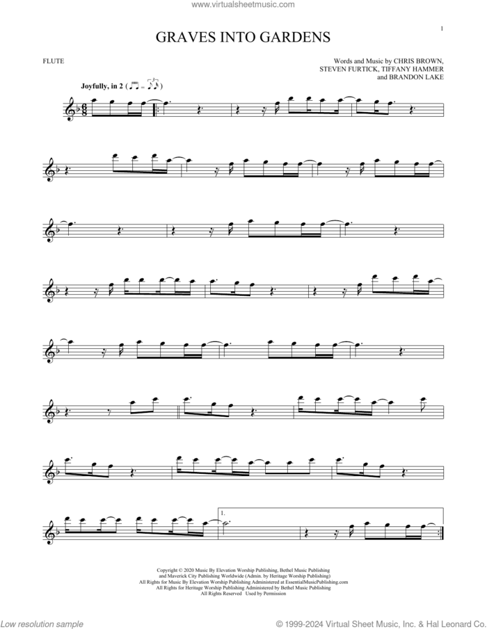 Graves Into Gardens sheet music for flute solo by Elevation Worship, Brandon Lake, Chris Brown, Steven Furtick and Tiffany Hammer, intermediate skill level