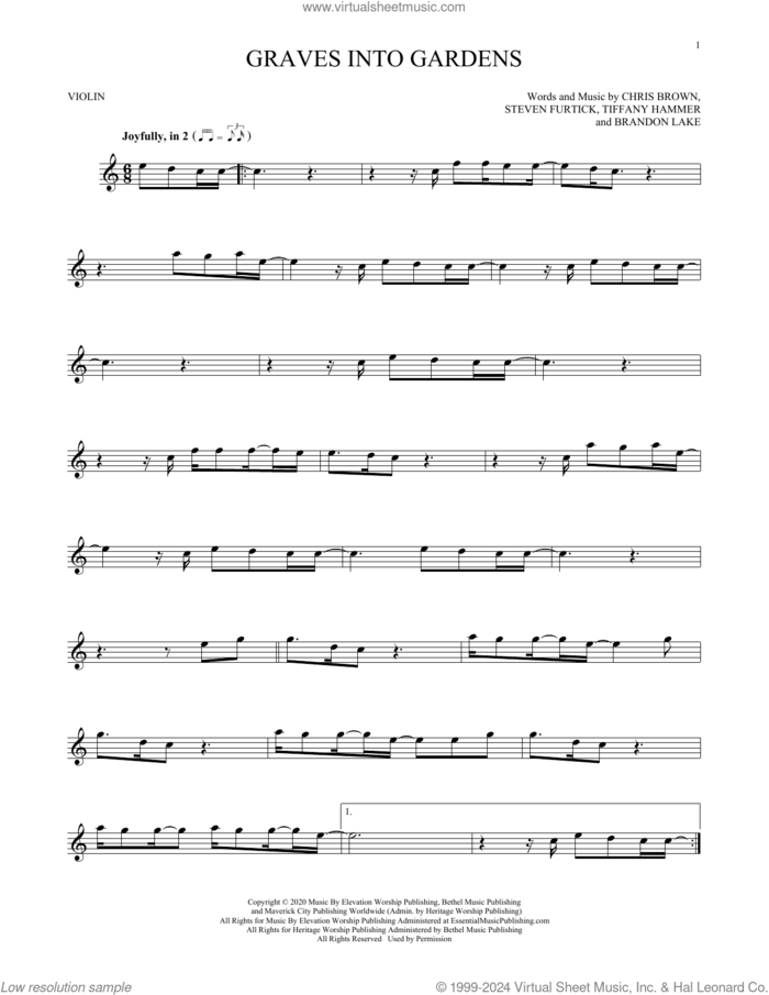 Graves Into Gardens sheet music for violin solo by Elevation Worship, Brandon Lake, Chris Brown, Steven Furtick and Tiffany Hammer, intermediate skill level