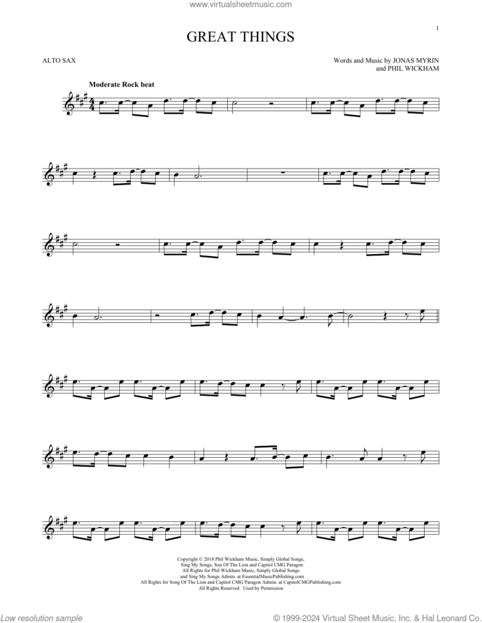 Great Things sheet music for alto saxophone solo by Phil Wickham and Jonas Myrin, intermediate skill level