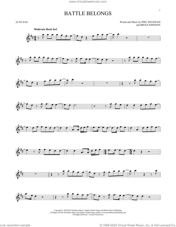 Battle Belongs sheet music for alto saxophone solo by Phil Wickham and Brian Johnson, intermediate skill level
