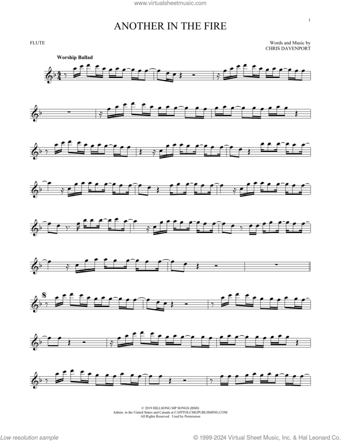 Another In The Fire sheet music for flute solo by Hillsong United and Chris Davenport, intermediate skill level