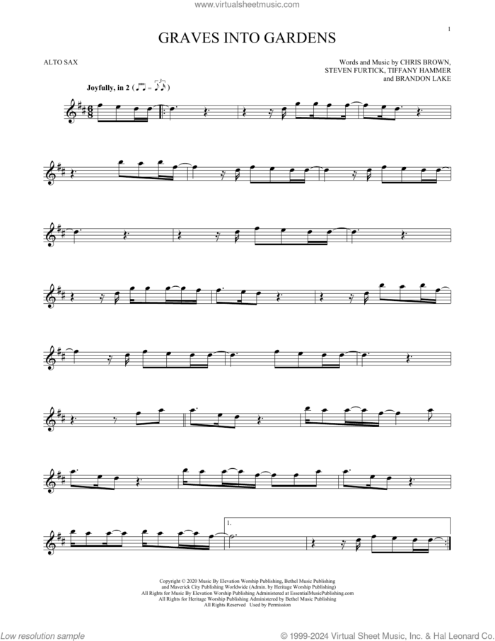 Graves Into Gardens sheet music for alto saxophone solo by Elevation Worship, Brandon Lake, Chris Brown, Steven Furtick and Tiffany Hammer, intermediate skill level