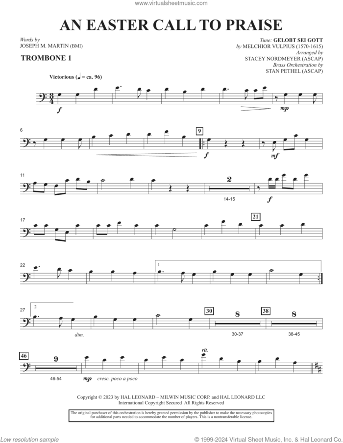 An Easter Call To Praise sheet music for orchestra/band (trombone 1) by Joseph M. Martin and Stacey Nordmeyer, intermediate skill level