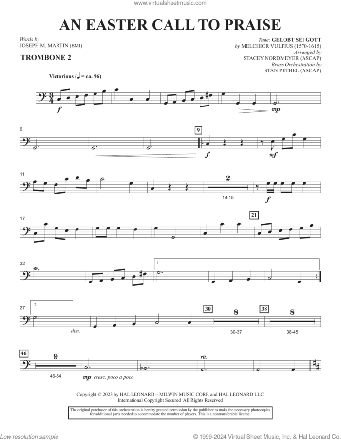 An Easter Call To Praise sheet music for orchestra/band (trombone 2) by Joseph M. Martin and Stacey Nordmeyer, intermediate skill level