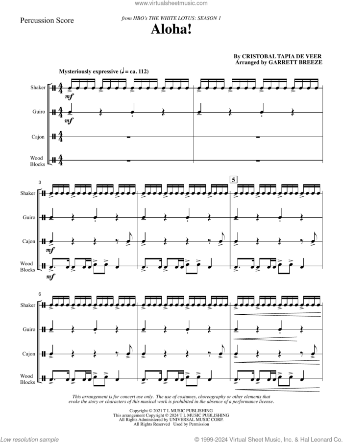 Aloha! (arr. Garrett Breeze) (COMPLETE) sheet music for orchestra/band (Percussion) by Cristobal Tapia de Veer and Garrett Breeze, intermediate skill level