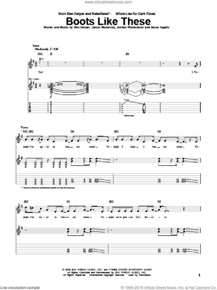 Boots Like These sheet music for guitar (tablature) by Ben Harper and Relentless7, Ben Harper, Jason Mozersky, Jesse Ingalls and Jordan Richardson, intermediate skill level