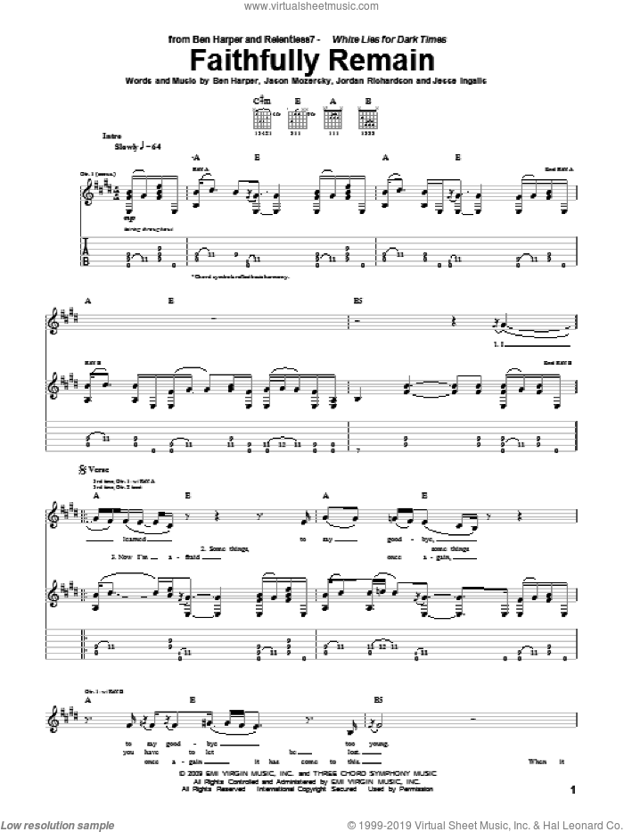 Faithfully Remain sheet music for guitar (tablature) by Ben Harper and Relentless7, Ben Harper, Jason Mozersky, Jesse Ingalls and Jordan Richardson, intermediate skill level
