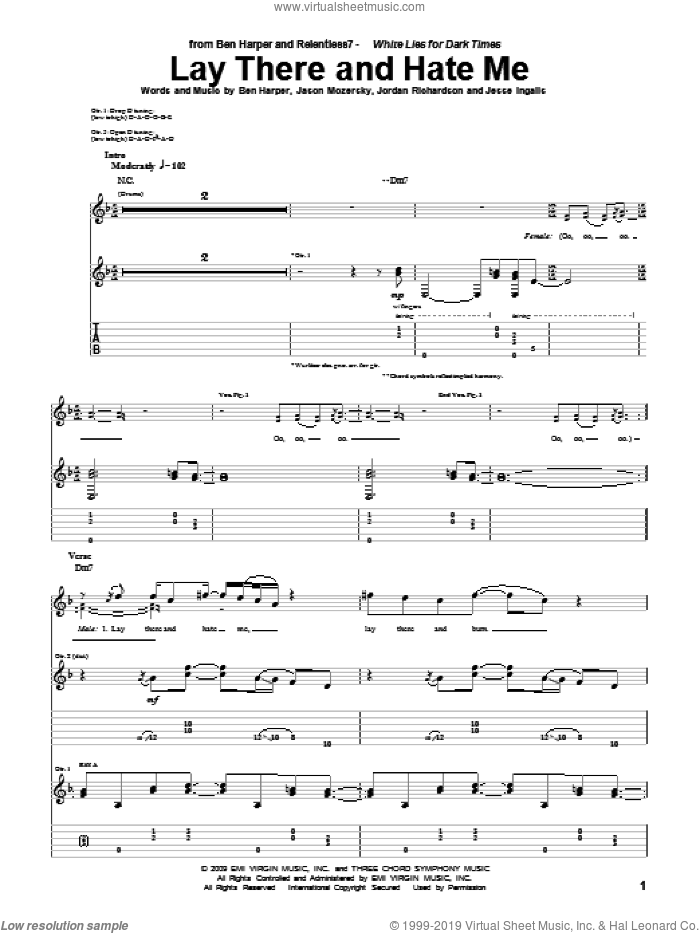 Lay There And Hate Me sheet music for guitar (tablature) by Ben Harper and Relentless7, Ben Harper, Jason Mozersky, Jesse Ingalls and Jordan Richardson, intermediate skill level