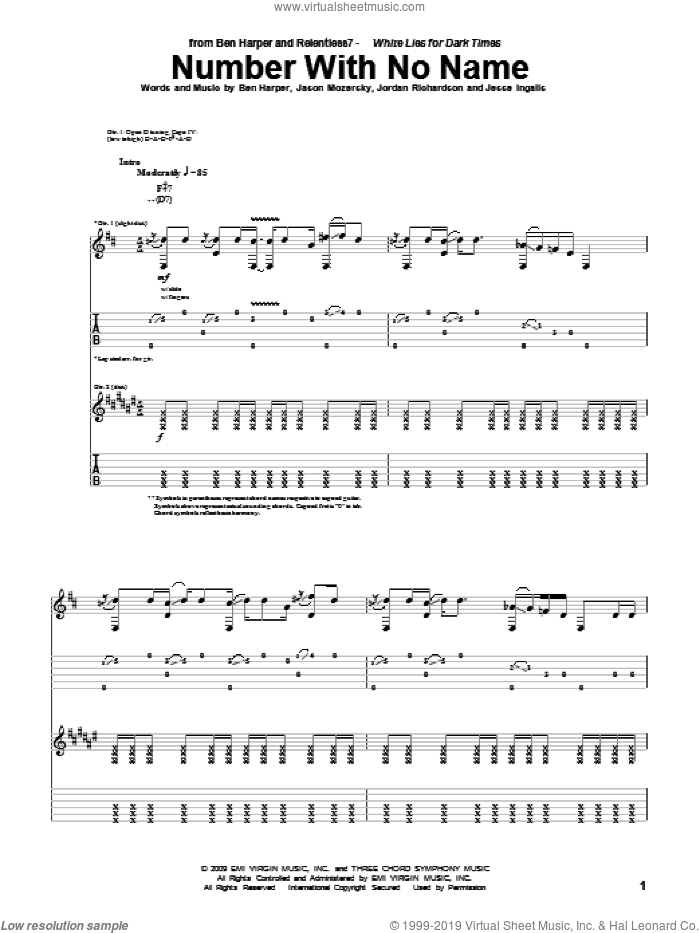 Number With No Name sheet music for guitar (tablature) by Ben Harper and Relentless7, Ben Harper, Jason Mozersky, Jesse Ingalls and Jordan Richardson, intermediate skill level