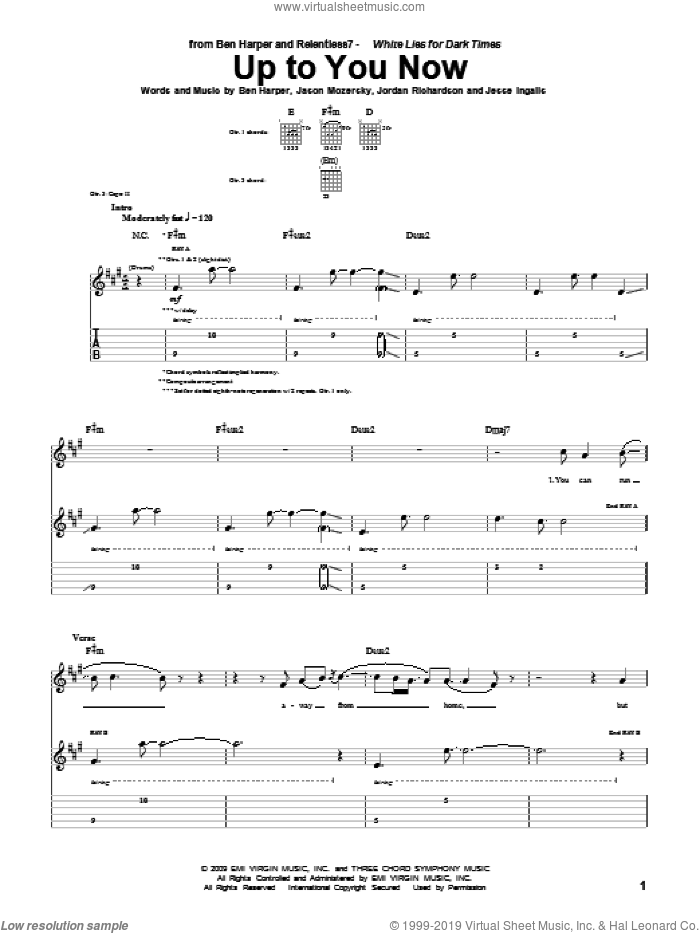 Up To You Now sheet music for guitar (tablature) by Ben Harper and Relentless7, Ben Harper, Jason Mozersky, Jesse Ingalls and Jordan Richardson, intermediate skill level