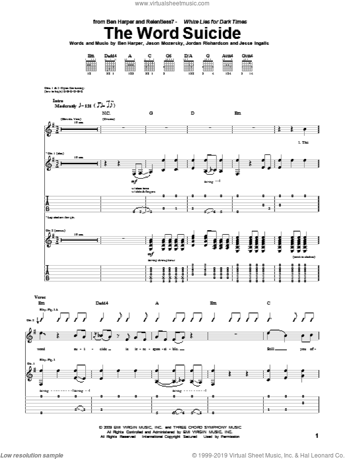 The Word Suicide sheet music for guitar (tablature) by Ben Harper and Relentless7, Ben Harper, Jason Mozersky, Jesse Ingalls and Jordan Richardson, intermediate skill level
