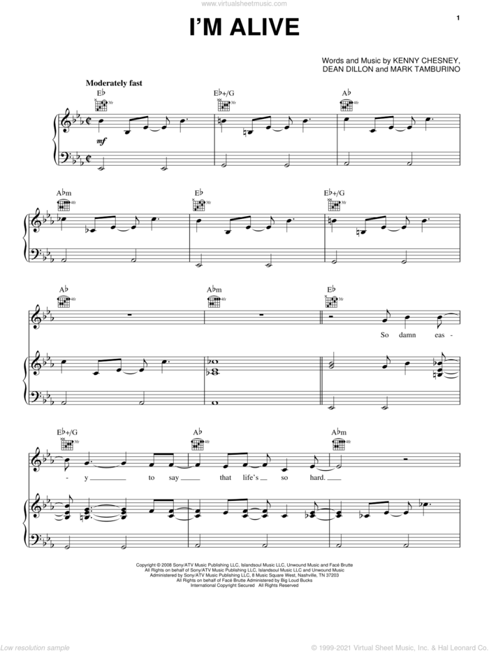 I'm Alive sheet music for voice, piano or guitar by Kenny Chesney with Dave Matthews, Dave Matthews, Dean Dillon, Kenny Chesney and Mark Tamburino, intermediate skill level