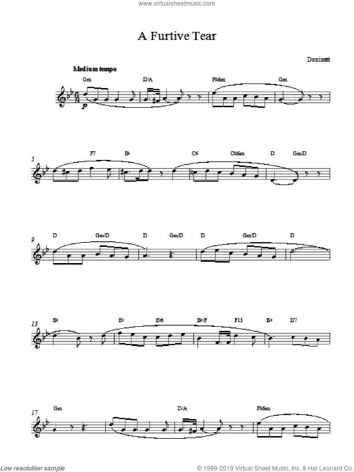 A Furtive Tear sheet music for voice and other instruments (fake book) by Gaetano Donizetti, classical score, intermediate skill level