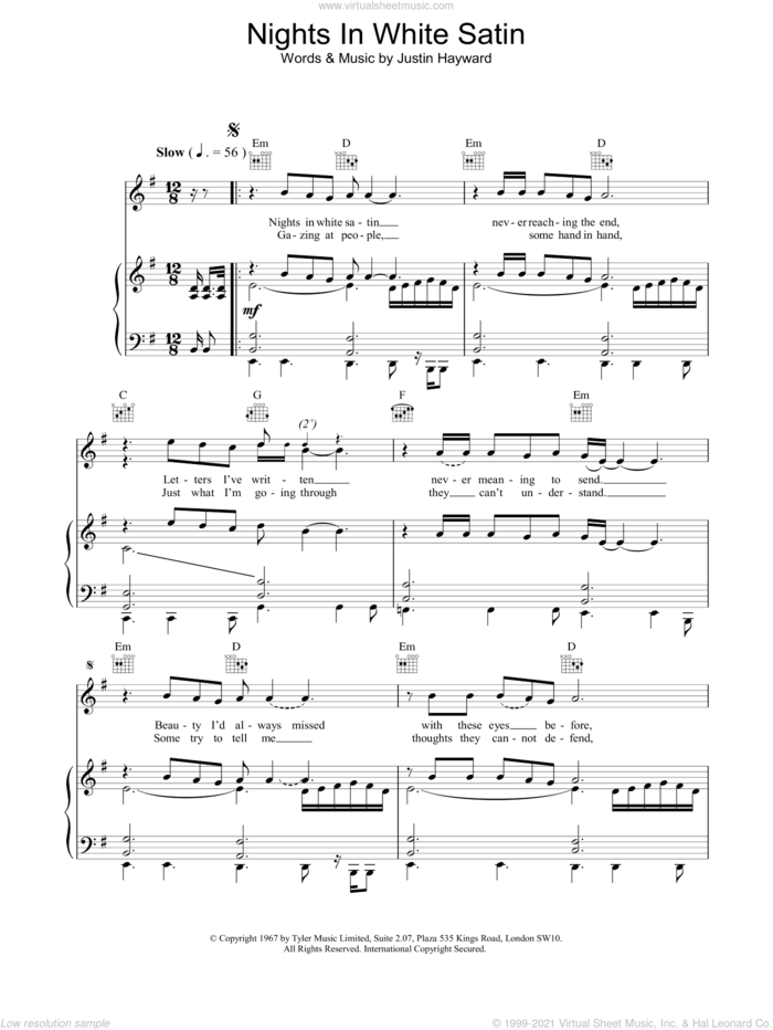 Nights In White Satin sheet music for voice, piano or guitar by The Moody Blues, intermediate skill level