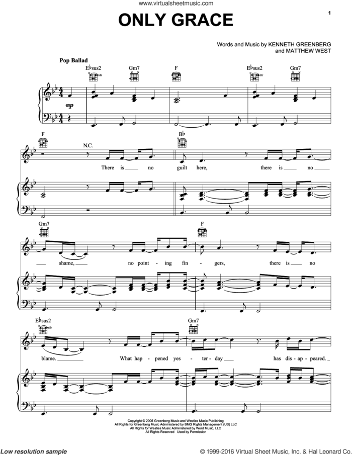 Only Grace sheet music for voice, piano or guitar by Matthew West and Kenneth Greenberg, intermediate skill level