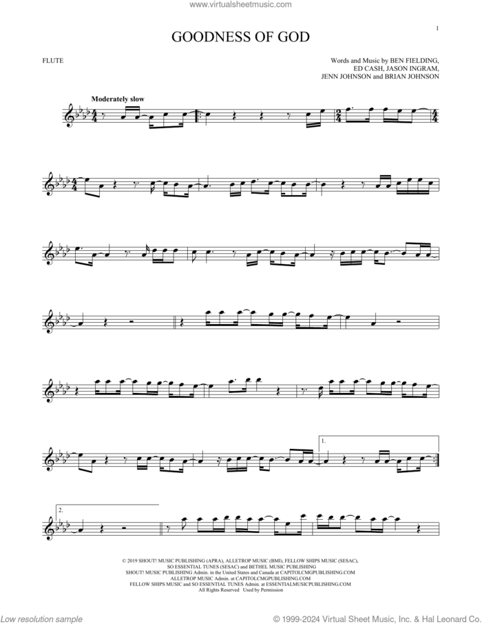 Goodness Of God sheet music for flute solo by Bethel Music and Jenn Johnson, Ben Fielding, Brian Johnson, Ed Cash, Jason Ingram and Jenn Johnson, intermediate skill level