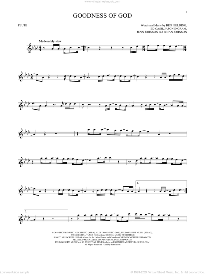 Goodness Of God sheet music for flute solo by Bethel Music and Jenn Johnson, Ben Fielding, Brian Johnson, Ed Cash, Jason Ingram and Jenn Johnson, intermediate skill level