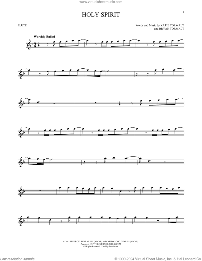 Holy Spirit sheet music for flute solo by Francesca Battistelli, Bryan Torwalt and Katie Torwalt, intermediate skill level