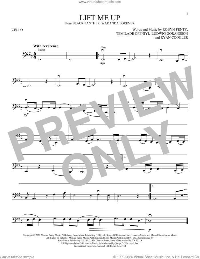 Lift Me Up (from Black Panther: Wakanda Forever) sheet music for cello solo by Rihanna, Ludwig Goransson, Robyn Fenty, Ryan Coogler and Temilade Openiyi, intermediate skill level