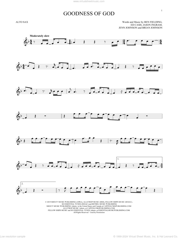 Goodness Of God sheet music for alto saxophone solo by Bethel Music and Jenn Johnson, Ben Fielding, Brian Johnson, Ed Cash, Jason Ingram and Jenn Johnson, intermediate skill level