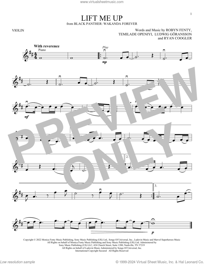 Lift Me Up (from Black Panther: Wakanda Forever) sheet music for violin solo by Rihanna, Ludwig Goransson, Robyn Fenty, Ryan Coogler and Temilade Openiyi, intermediate skill level