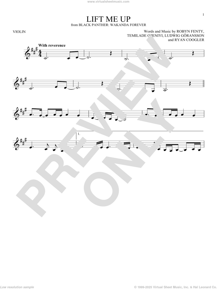 Lift Me Up (from Black Panther: Wakanda Forever) sheet music for violin solo by Rihanna, Ludwig Goransson, Robyn Fenty, Ryan Coogler and Temilade Openiyi, intermediate skill level