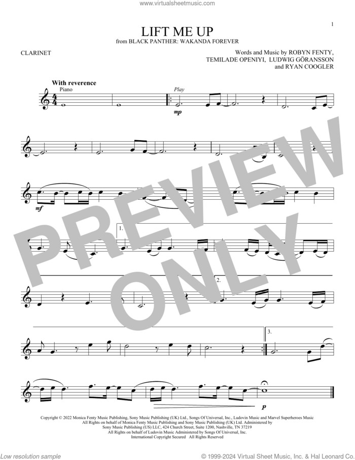 Lift Me Up (from Black Panther: Wakanda Forever) sheet music for clarinet solo by Rihanna, Ludwig Goransson, Robyn Fenty, Ryan Coogler and Temilade Openiyi, intermediate skill level