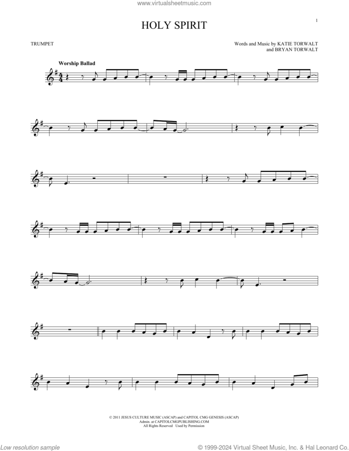 Holy Spirit sheet music for trumpet solo by Francesca Battistelli, Bryan Torwalt and Katie Torwalt, intermediate skill level