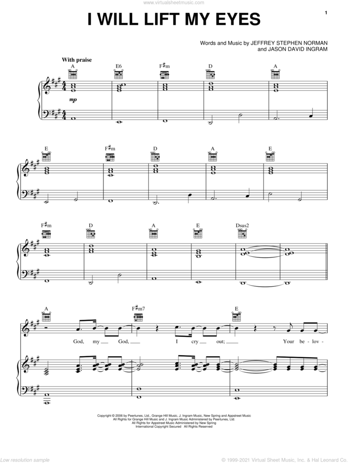 I Will Lift My Eyes sheet music for voice, piano or guitar by Bebo Norman, Jason David Ingram and Jeffrey Stephen Norman, intermediate skill level