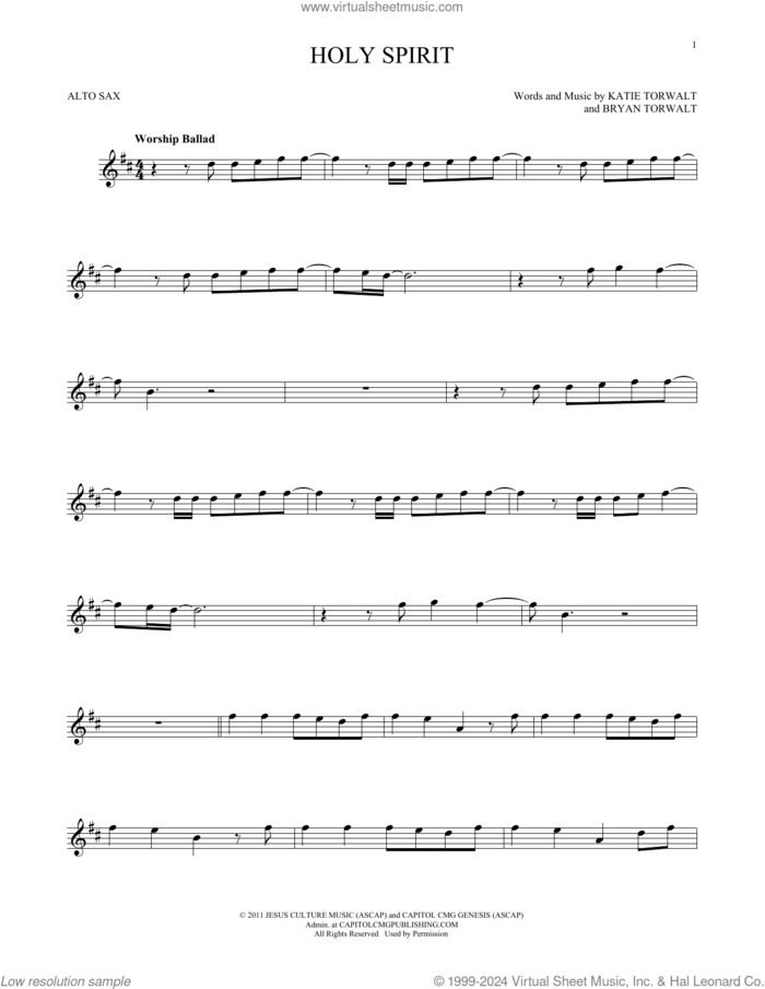 Holy Spirit sheet music for alto saxophone solo by Francesca Battistelli, Bryan Torwalt and Katie Torwalt, intermediate skill level