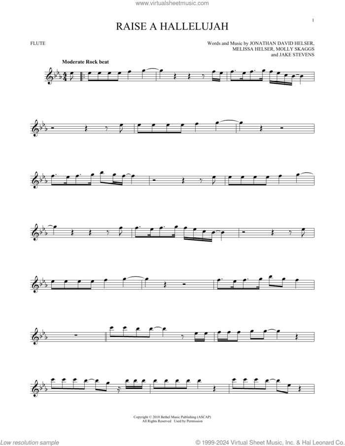 Raise A Hallelujah sheet music for flute solo by Bethel Music, Jake Stevens, Jonathan David Helser, Melissa Helser and Molly Skaggs, intermediate skill level