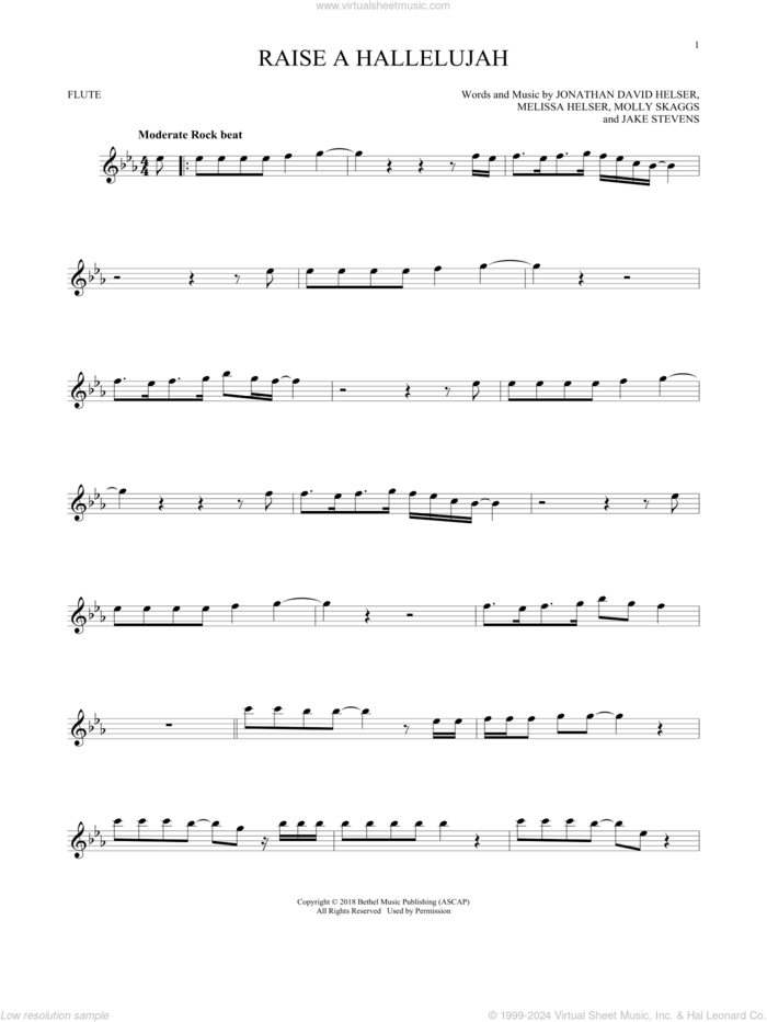 Raise A Hallelujah sheet music for flute solo by Bethel Music, Jake Stevens, Jonathan David Helser, Melissa Helser and Molly Skaggs, intermediate skill level