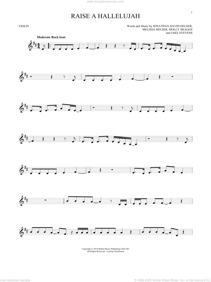 Raise A Hallelujah sheet music for violin solo by Bethel Music, Jake Stevens, Jonathan David Helser, Melissa Helser and Molly Skaggs, intermediate skill level