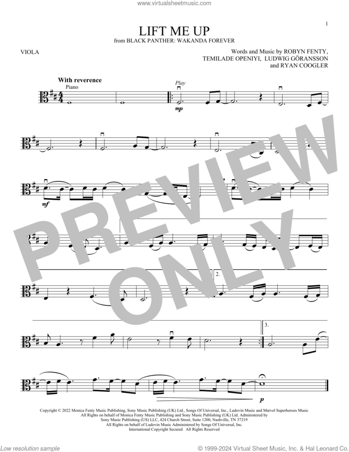 Lift Me Up (from Black Panther: Wakanda Forever) sheet music for viola solo by Rihanna, Ludwig Goransson, Robyn Fenty, Ryan Coogler and Temilade Openiyi, intermediate skill level