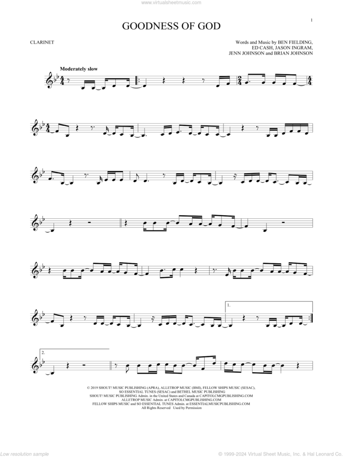 Goodness Of God sheet music for clarinet solo by Bethel Music and Jenn Johnson, Ben Fielding, Brian Johnson, Ed Cash, Jason Ingram and Jenn Johnson, intermediate skill level