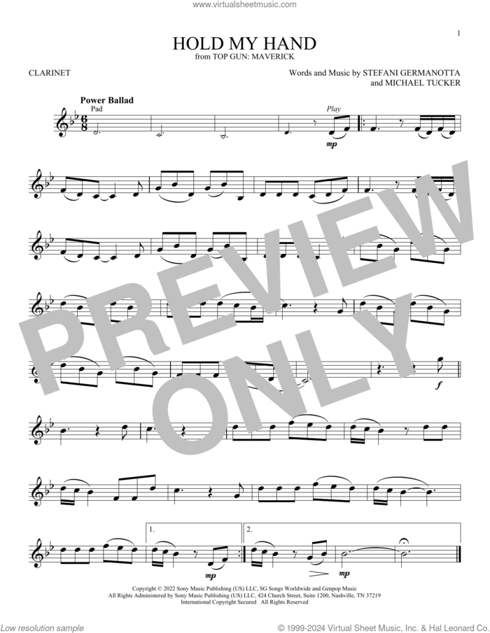 Hold My Hand (from Top Gun: Maverick) sheet music for clarinet solo by Lady Gaga and Michael Tucker p/k/a BloodPop, intermediate skill level