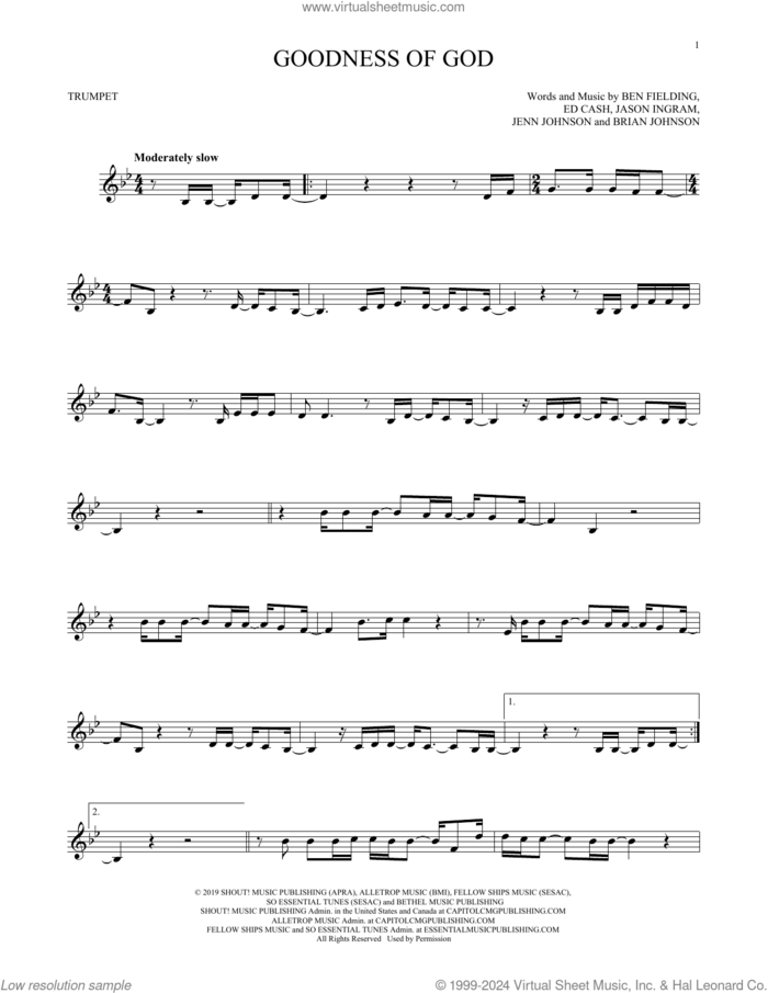 Goodness Of God sheet music for trumpet solo by Bethel Music and Jenn Johnson, Ben Fielding, Brian Johnson, Ed Cash, Jason Ingram and Jenn Johnson, intermediate skill level
