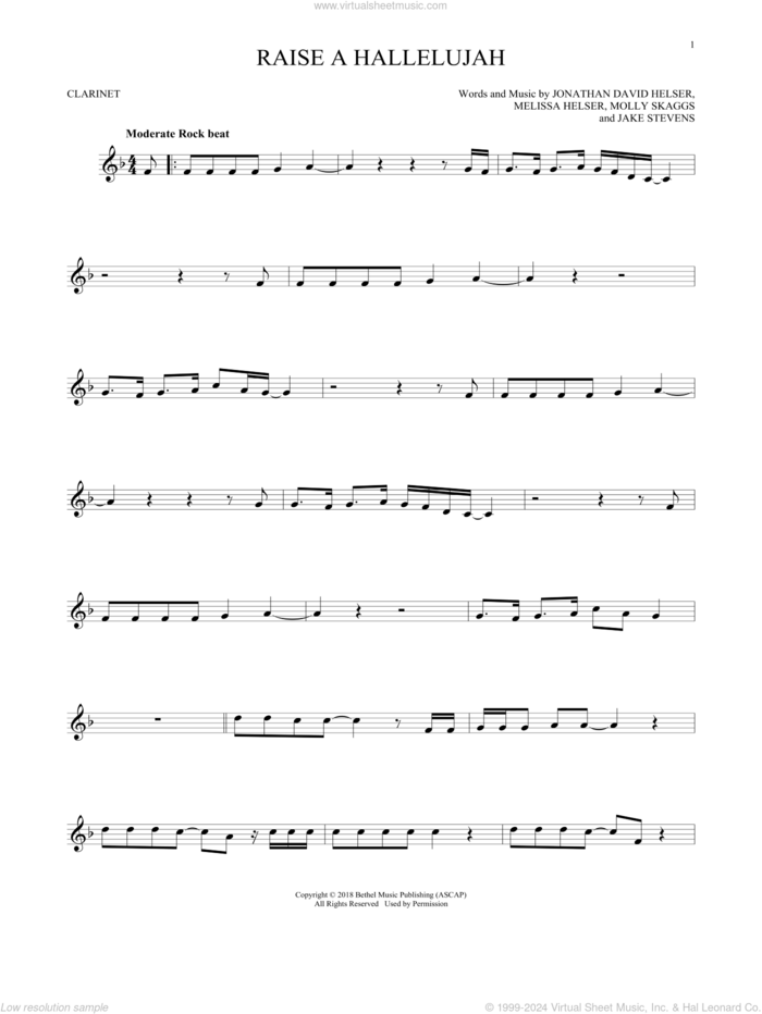 Raise A Hallelujah sheet music for clarinet solo by Bethel Music, Jake Stevens, Jonathan David Helser, Melissa Helser and Molly Skaggs, intermediate skill level