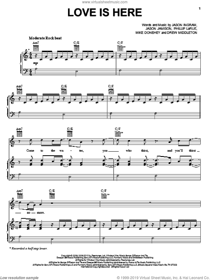 Love Is Here sheet music for voice, piano or guitar by Tenth Avenue North, Drew Middleton, Jason Ingram, Jason Jamison, Michael Donehey and Phillip Larue, intermediate skill level