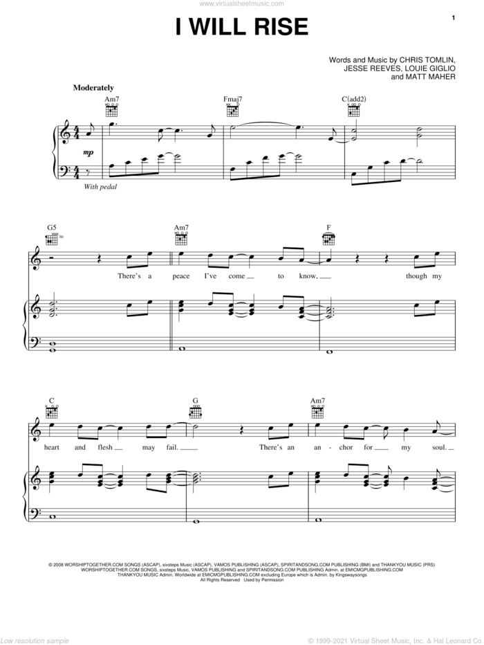 I Will Rise sheet music for voice, piano or guitar by Chris Tomlin, Jesse Reeves, Louis Giglio and Matt Maher, intermediate skill level
