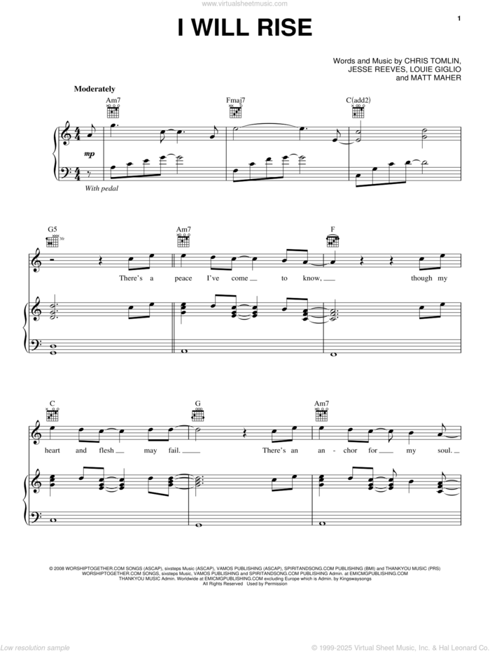 I Will Rise sheet music for voice, piano or guitar by Chris Tomlin, Jesse Reeves, Louis Giglio and Matt Maher, intermediate skill level