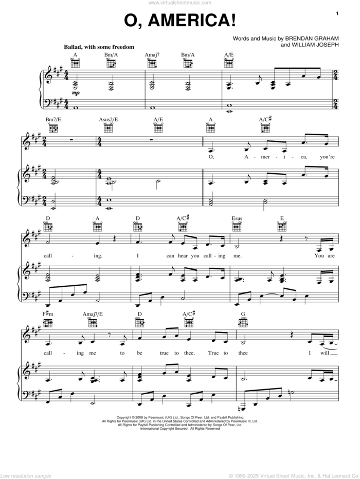 O, America! sheet music for voice, piano or guitar by Celtic Woman, Brendan Graham and William Joseph, intermediate skill level