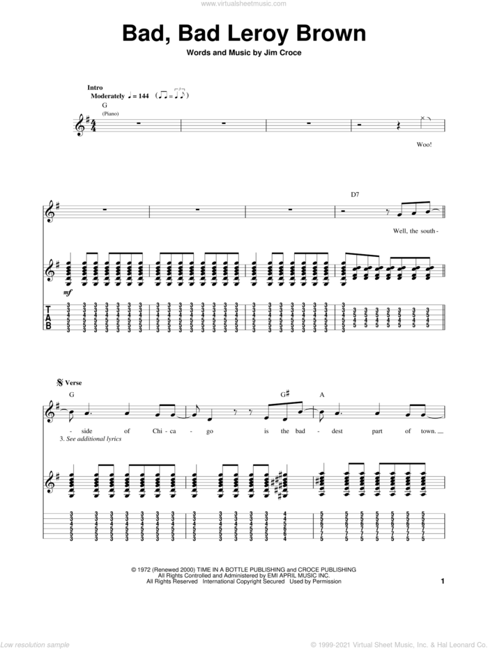 Bad, Bad Leroy Brown sheet music for guitar (tablature, play-along) by Jim Croce, intermediate skill level