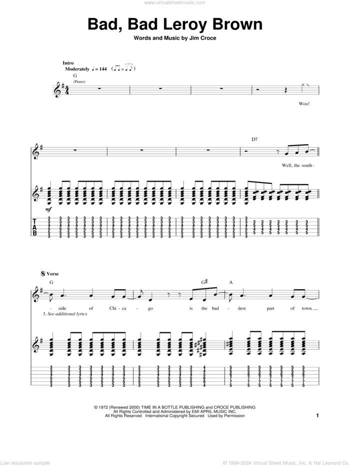 Bad, Bad Leroy Brown sheet music for guitar (tablature, play-along) by Jim Croce, intermediate skill level