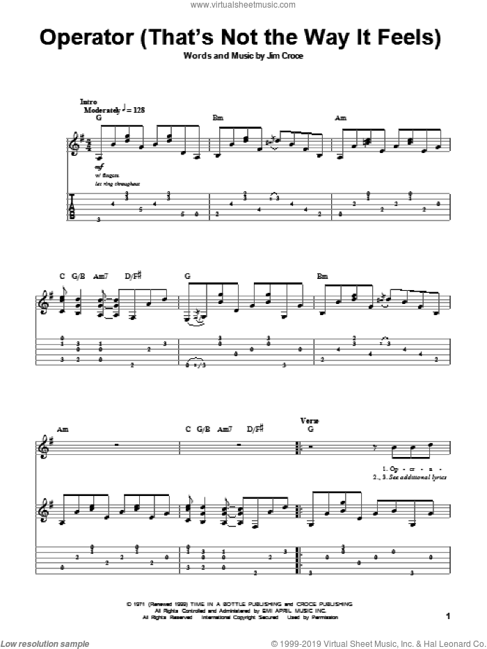 Operator (That's Not The Way It Feels) sheet music for guitar (tablature, play-along) by Jim Croce, intermediate skill level