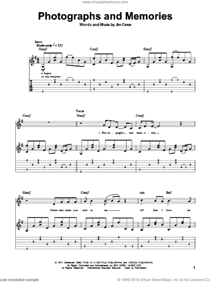 Photographs And Memories sheet music for guitar (tablature, play-along) by Jim Croce, intermediate skill level