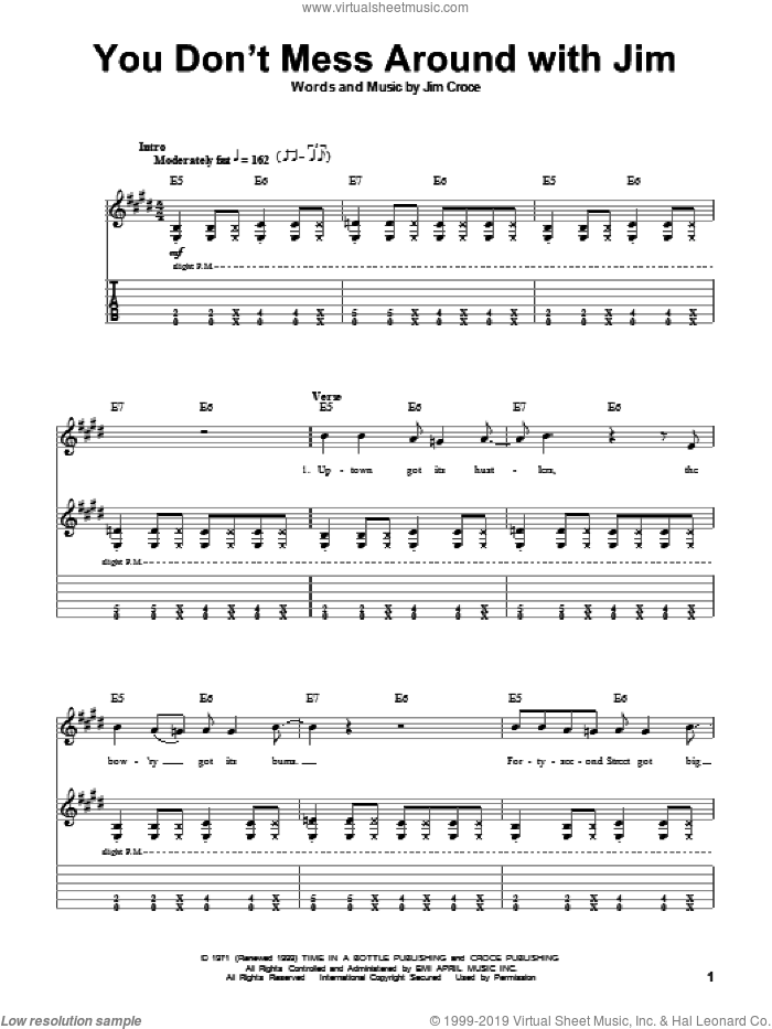 You Don't Mess Around With Jim sheet music for guitar (tablature, play-along) by Jim Croce, intermediate skill level