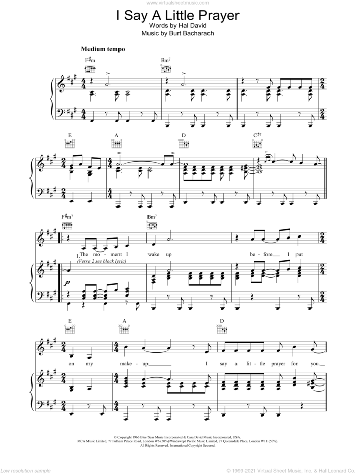 I Say A Little Prayer sheet music for voice, piano or guitar by Bacharach & David, Promises, Promises (Musical), Burt Bacharach and Hal David, intermediate skill level